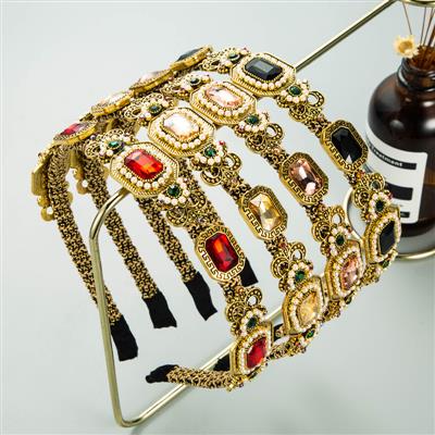 韩版时尚华丽珍珠水钻金色头箍皇冠合金花纹气质发箍发卡跨境货源